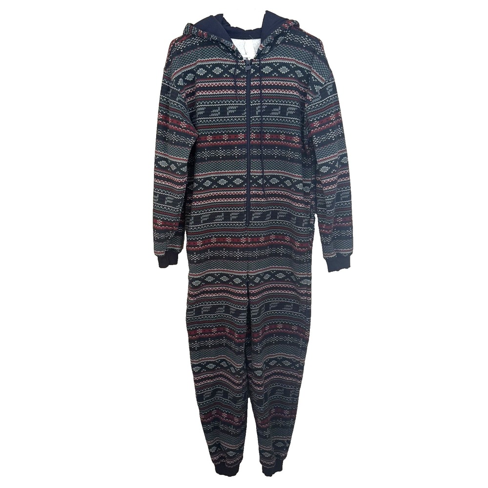 Fabletics Fair Isle Hood Jumpsuit M Cotton Fleece Lined Lounge Cabin Christmas